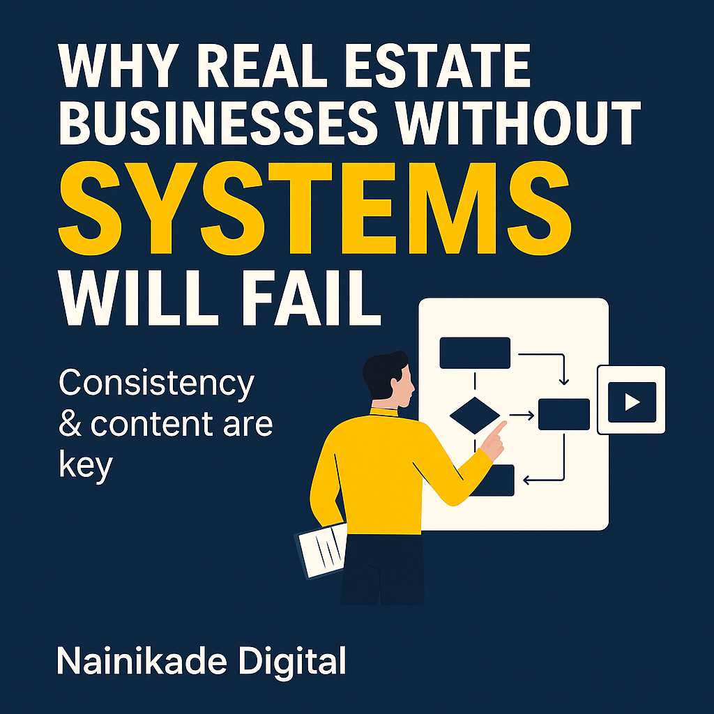 Your real estate business is only as strong as the system behind it.
No system = no scalability.
✅ Hire a digital marketer
✅ Create consistent video/image content
✅ Automate lead generation & follow-ups
💡 Start building your brand, not just your project.
#RealEstateMarketing #NainikadeDigital #RealtorTips #DigitalMarketingForRealEstate #SystemSellScale #RealEstateGrowth Graphic banner highlighting the importance of systems in real estate business with icons for video content, digital marketing, and video editing support.